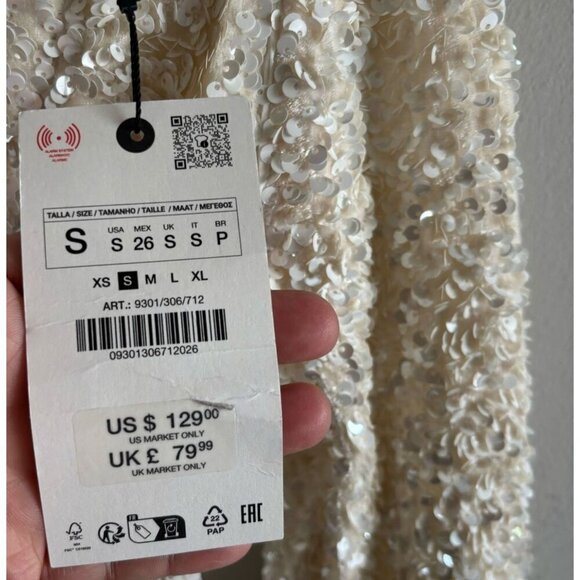 Zara Women Open Back Removable Long Sleeve Multiposition Sequin Dress Ivory Sz S - Picture 7 of 14